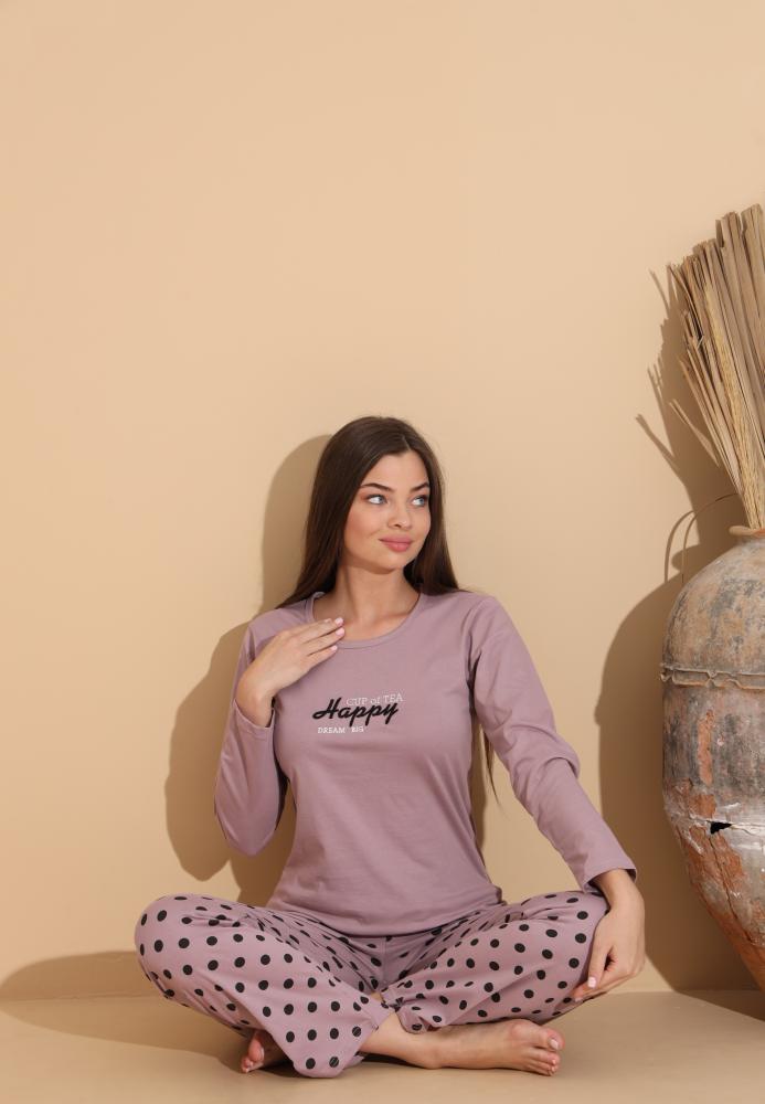 Pijama Dama „HAPPY" ,Pantaloni si Maneca Lunga,Culoare Mov, Engros